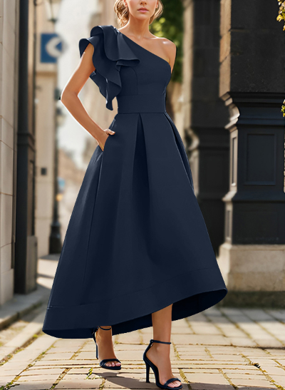 Elegant One-Shoulder With Ruffle Satin Mother Of The Bride Dresses With Pockets