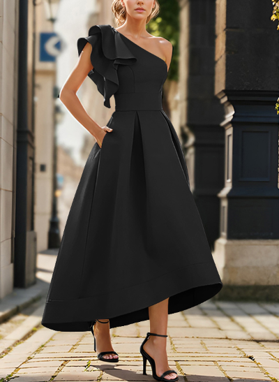 Elegant One-Shoulder With Ruffle Satin Mother Of The Bride Dresses With Pockets