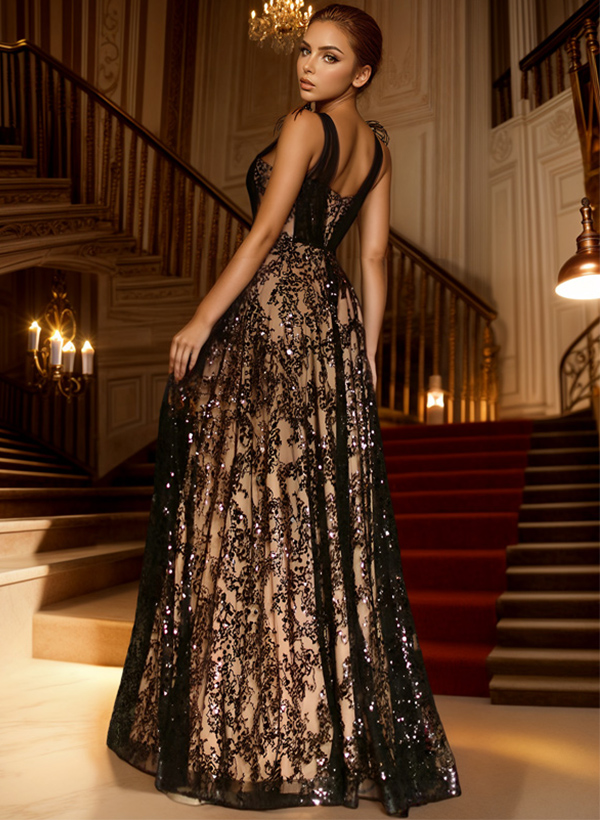 A-Line Illusion Neck Sleeveless Floor-Length Lace/Tulle Prom Dresses