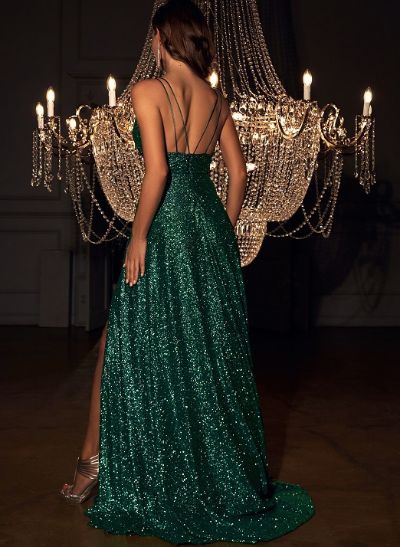 Sexy Sequined A-Line Open Back Prom Dresses With High Slit