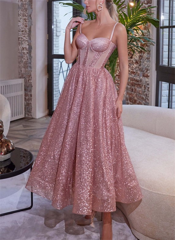 Sequined A-Line Ankle-Length Prom Dresses With Spaghetti Straps