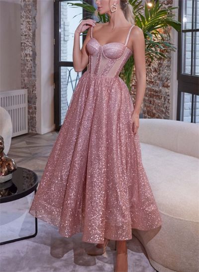 Sequined A-Line Ankle-Length Prom Dresses With Spaghetti Straps