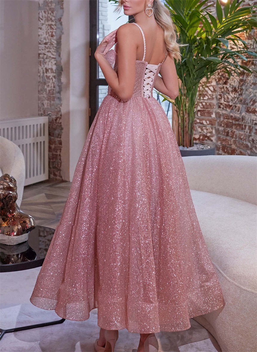 Sequined A-Line Ankle-Length Prom Dresses With Spaghetti Straps