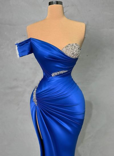 Sparkly Beading Off-The-Shoulder Prom Dresses With High Slit