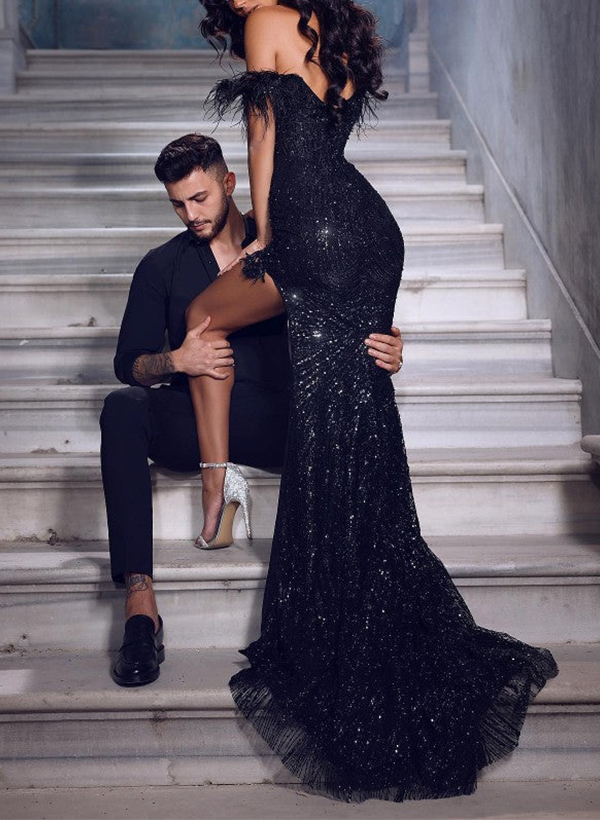 Trumpet/Mermaid Off-The-Shoulder Sequined Prom Dresses With High Split