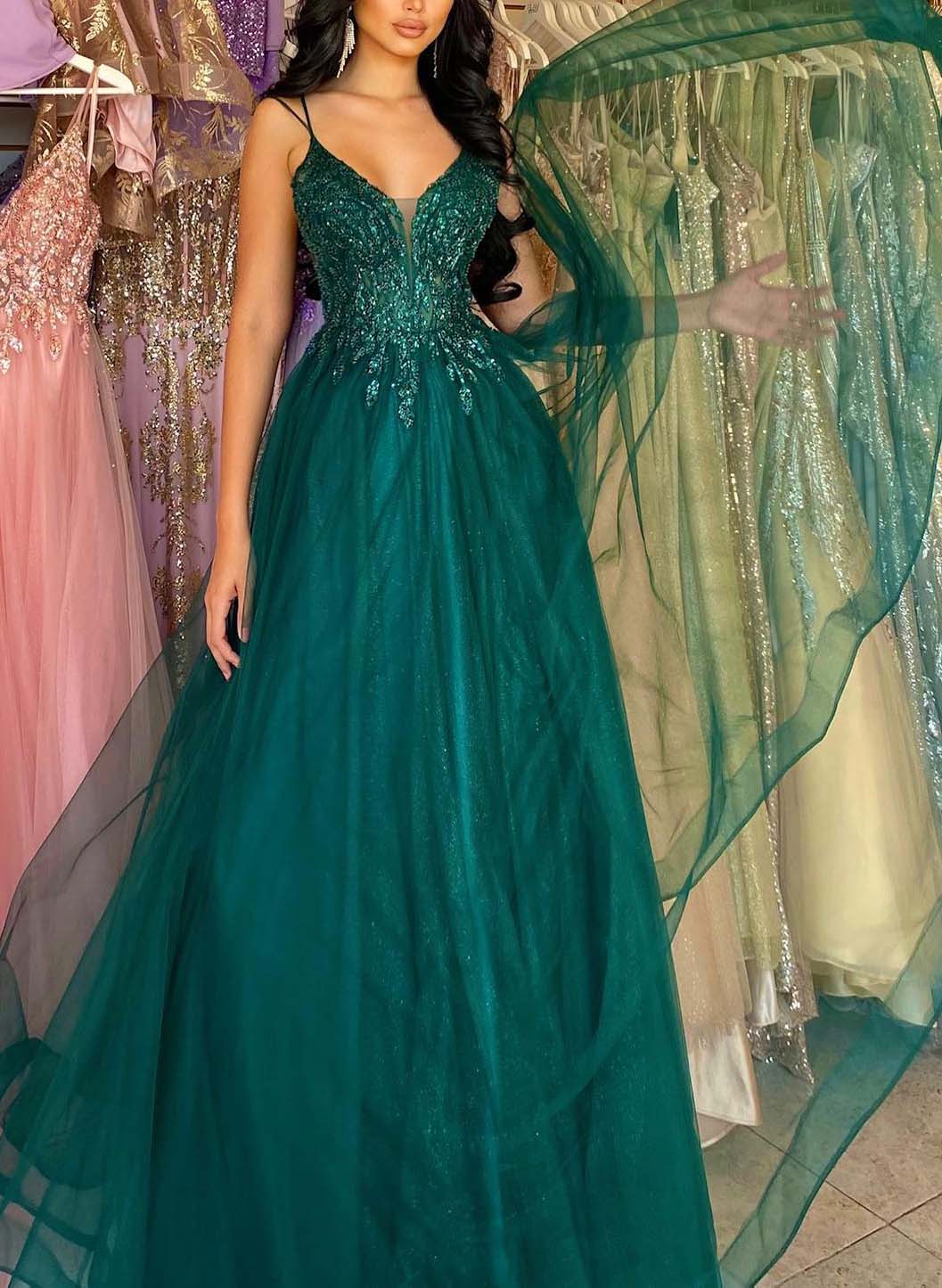 Sparkly Lace Plunge Spaghetti Straps A-Line Prom Dresses