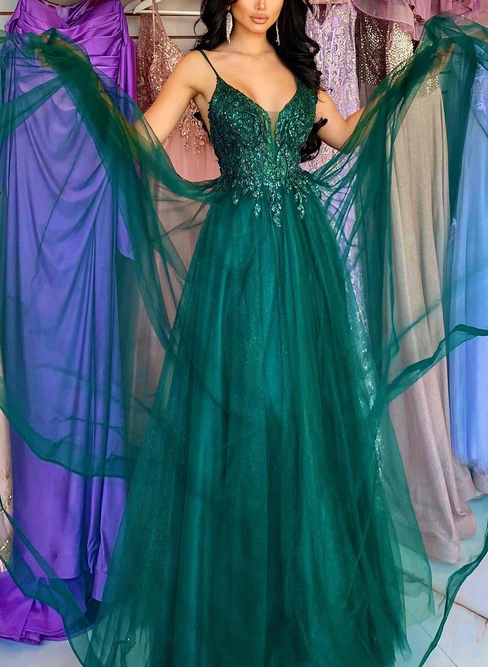 Sparkly Lace Plunge Spaghetti Straps A-Line Prom Dresses
