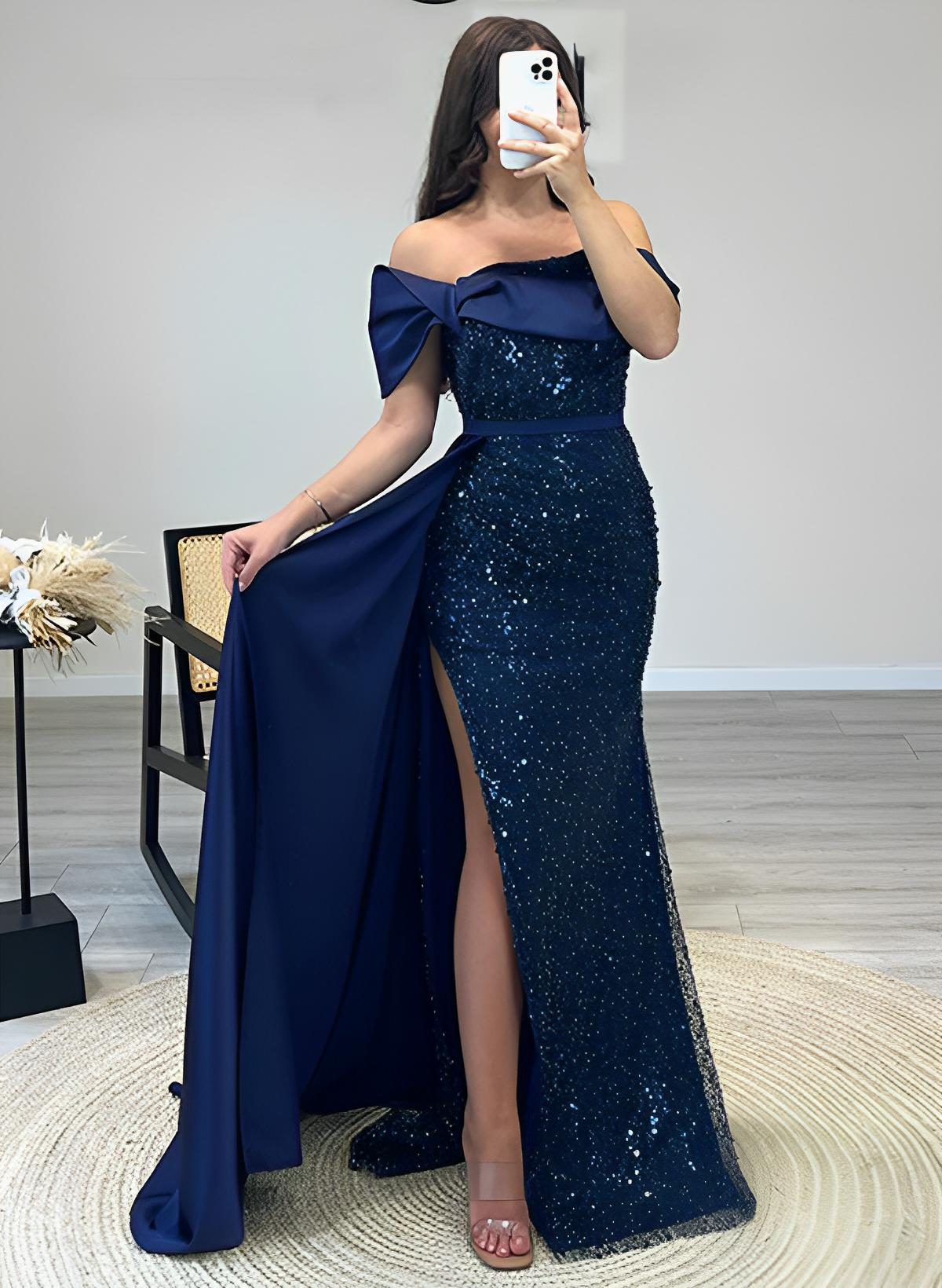 Sheath Off-The-Shoulder Long Sleeves Sweep Train Sequined Prom Dresses With Split Front