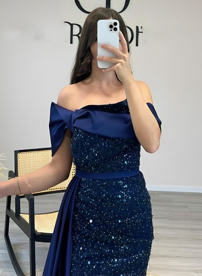 Sheath Off-The-Shoulder Long Sleeves Sweep Train Sequined Prom Dresses With Split Front