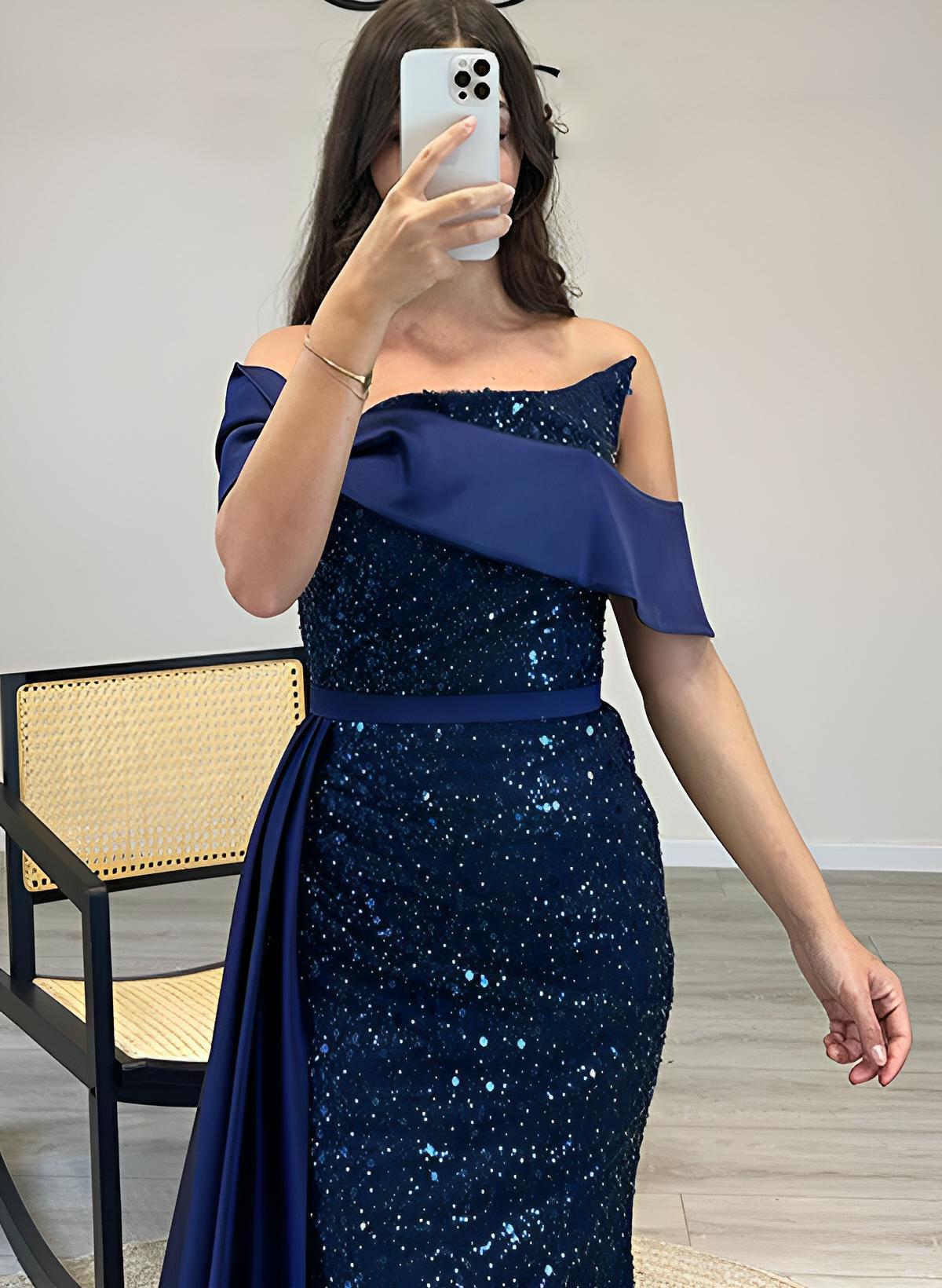 Sheath Off-The-Shoulder Long Sleeves Sweep Train Sequined Prom Dresses With Split Front