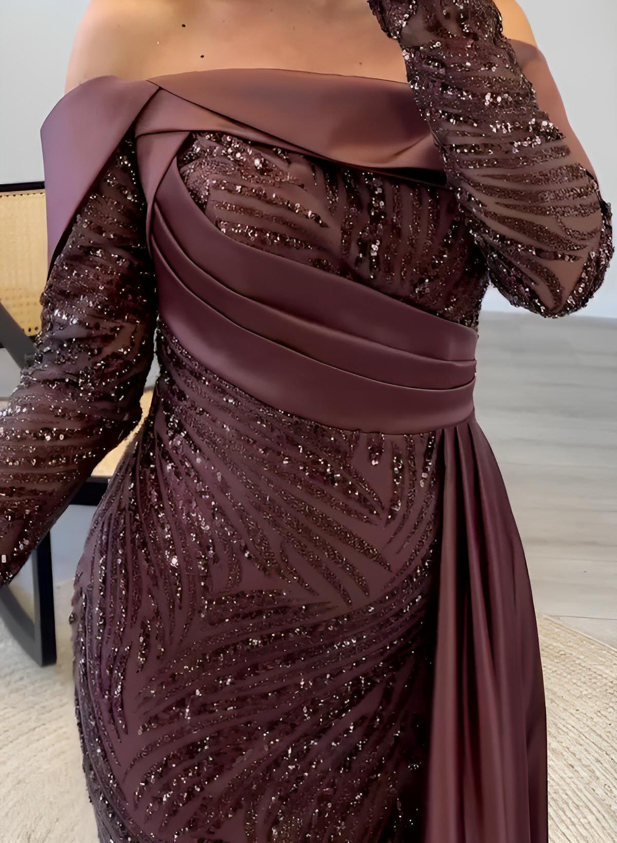 Off-The-Shoulder Long Sleeves Sweep Train Sequined Prom Dresses