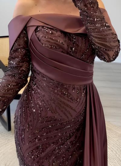 Off-The-Shoulder Long Sleeves Sweep Train Sequined Prom Dresses
