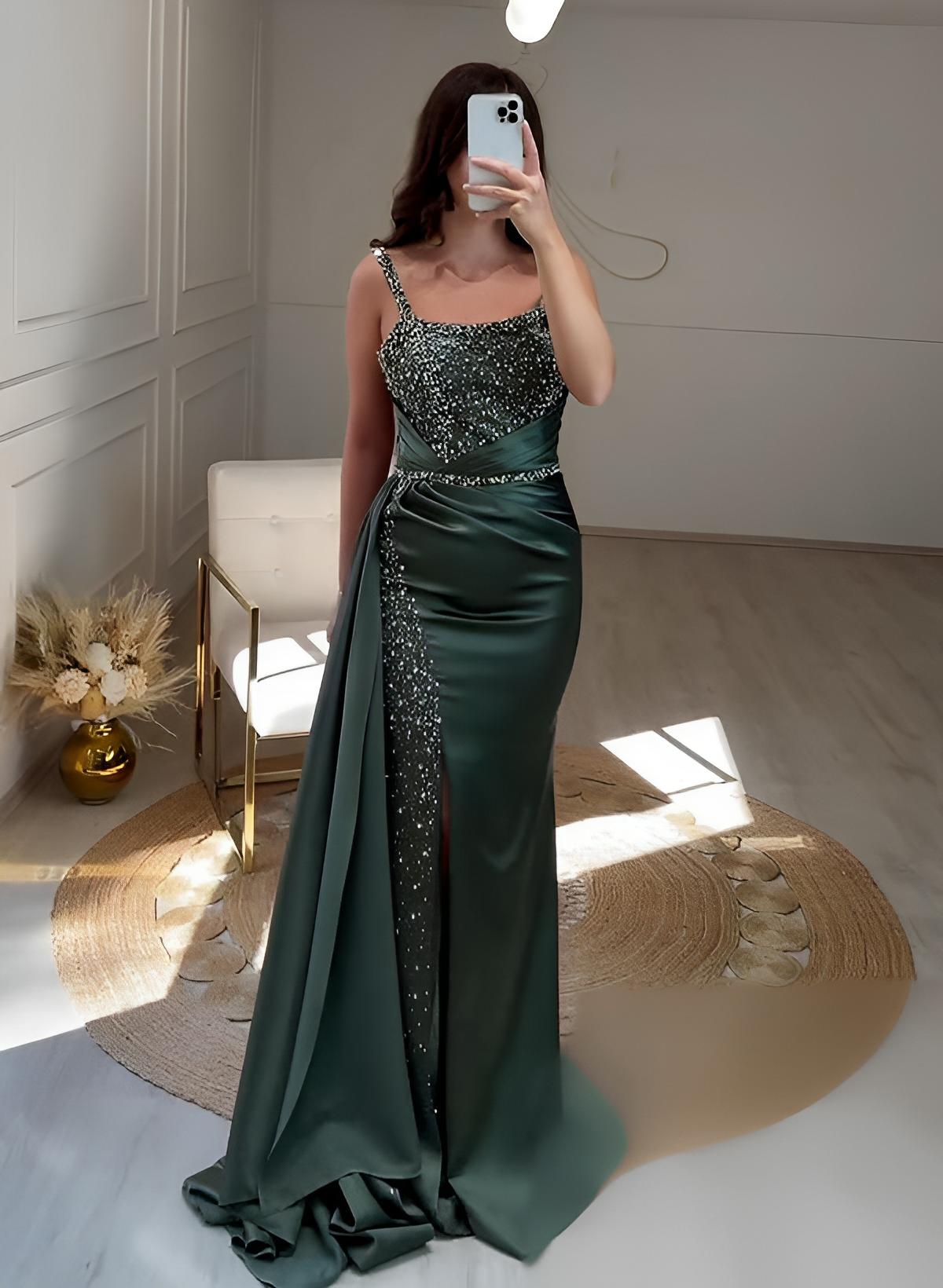 Sheath Square Neckline Sleeveless Sweep Train Sequined Prom Dresses With Split Front