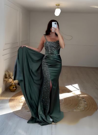 Sheath Square Neckline Sleeveless Sweep Train Sequined Prom Dresses With Split Front