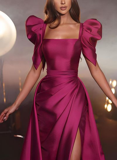 Square Neckline Short Sleeves Charmeuse Prom Dresses With High Split