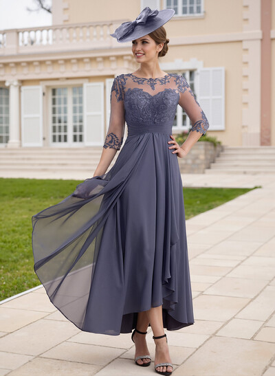 Elegant Illusion Neck A-Line Ankle-Length Lace/Chiffon Cocktail Dresses