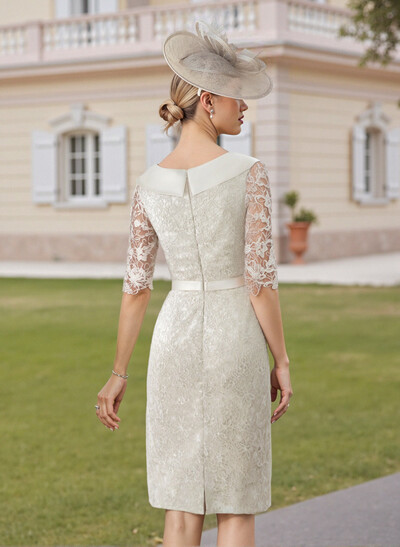 Elegant Sheath/Column Cowl Neck 1/2 Sleeves Knee-Length Satin Cocktail Dresses With Beading